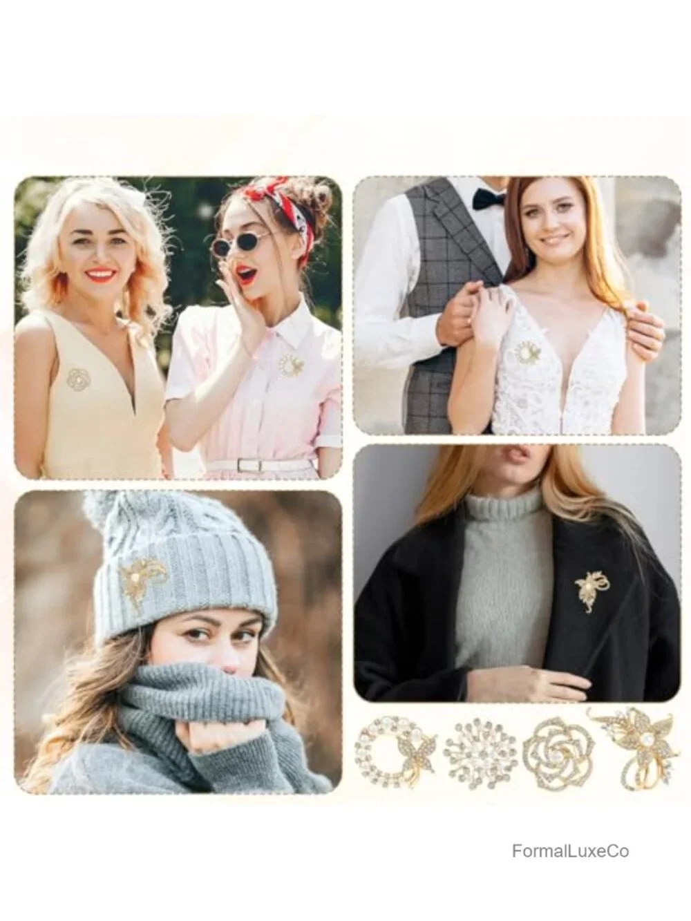 4 Pc Crystal Pearl Brooch Set for Women Blazer Dress Coat Gift